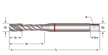 E260 - Dormer HSS-E-PM Brillante SHARK M  M Macho de máquina helicoidal 45º Shark con chaflán de salida cónica (Anillo Rojo) Estrías helicoidales a 45° DIN 371 LE 10, DIN 376 GE 12